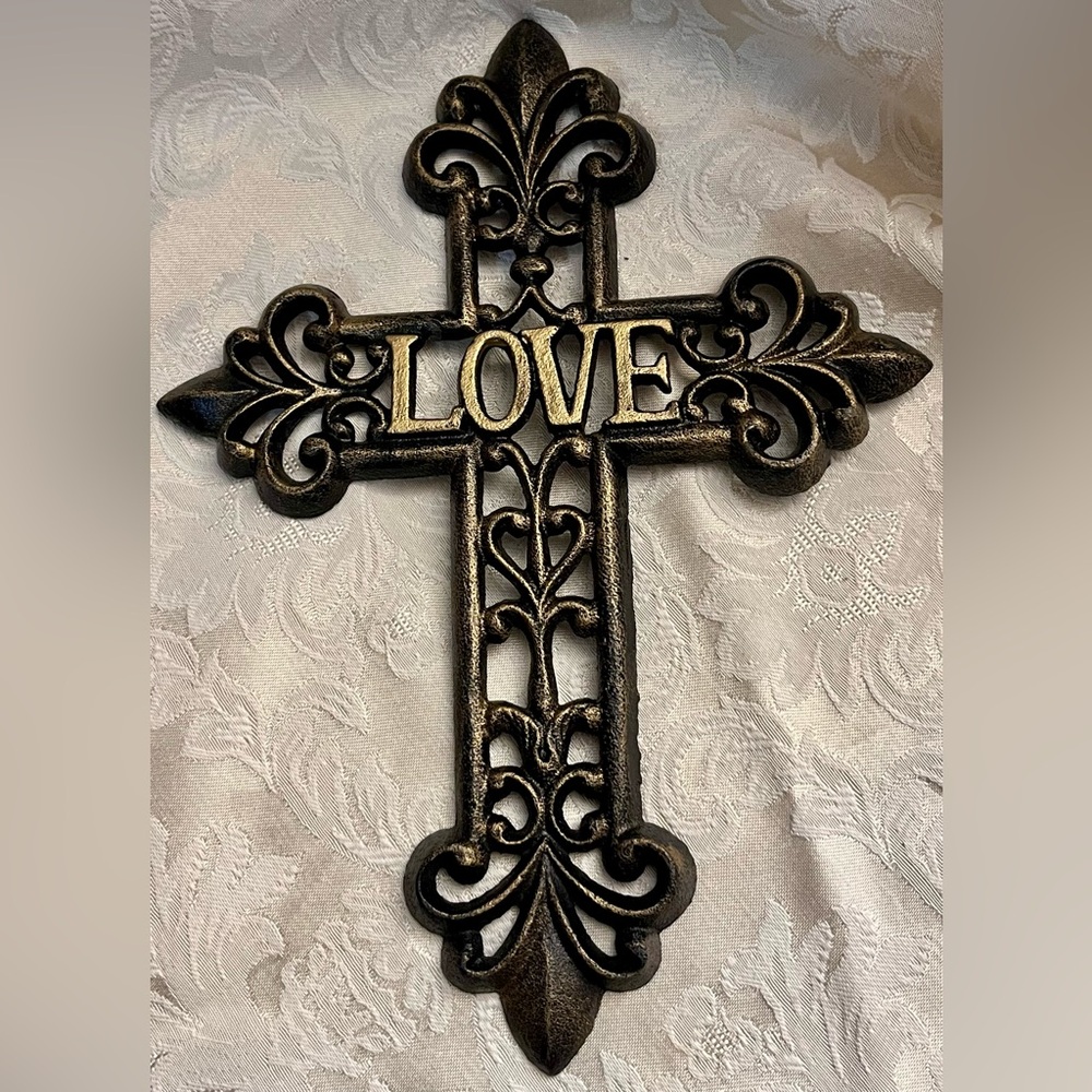 Cast Iron LOVE Wall Cross 14" Brushed Gold Fleur De Lis Religious Hanging Art